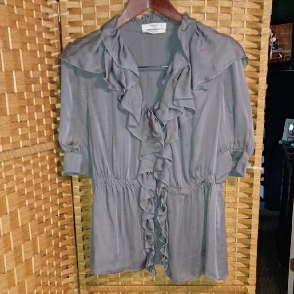 Prada Taupe Ruffle-Front Short Sleeve Blouse
